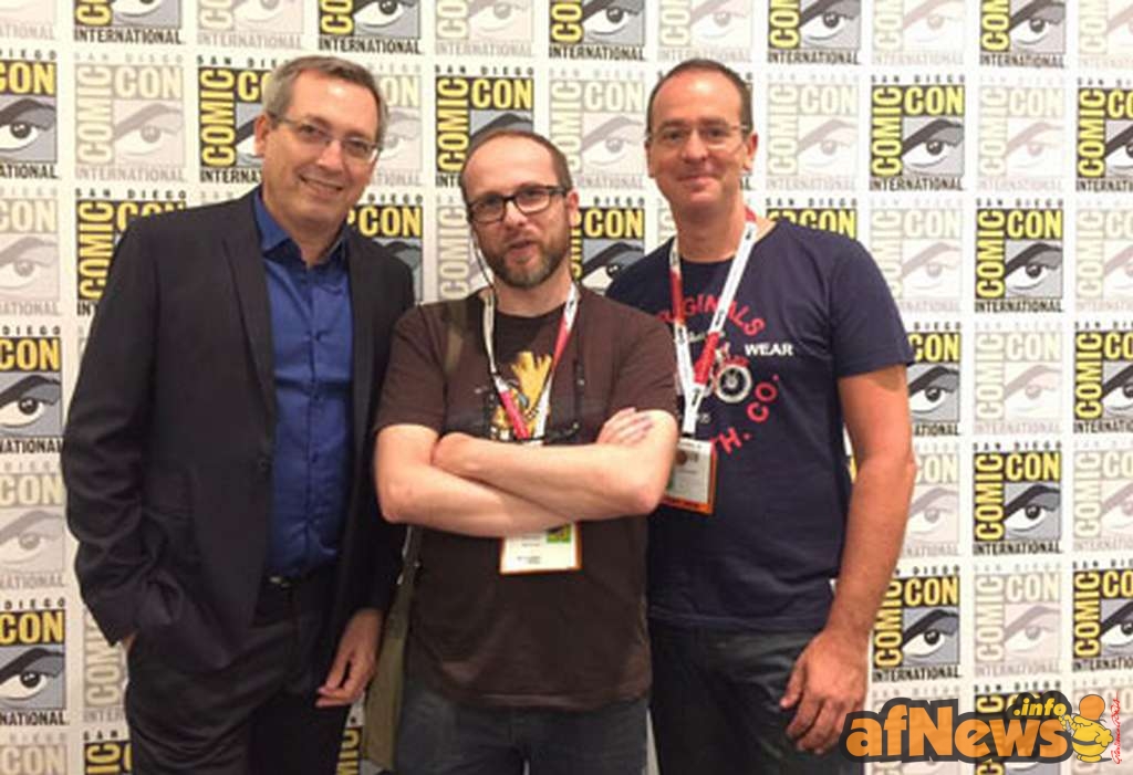 Guy Delcourt, David Steinberger, PDG de ComiXology et Jean Wacquet, directeur général de Soleil, au ComicCon de San Diego la semaine dernière Photo DR