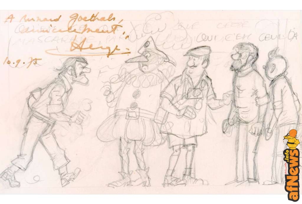 Lot n° 134 HERGÉ Dessin original Tintin et les Picaros: Mine de plomb pour le crayonné préparatoire de la première case de la planche 52 dédicacé à un jeune admirateur qui n'a pas persévéré dans la BD mais dans la peinture et la sculpture. Elle est accompagnée d'une lettre tapuscrite du 10 septembre 1975 signée par Hergé.